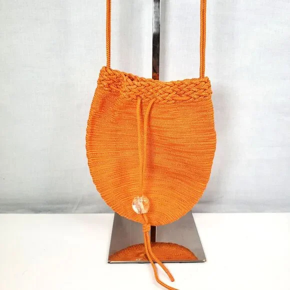 Donna Karan New York Orange Bag Purse Woven Evening Drawstring Pouch Crossbody
